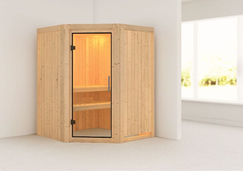 Sauna LARIN (Eckeinstieg) / klarglas Tür / kein Dachkranz / ohne Ofen