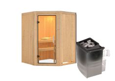 Sauna LARIN (Eckeinstieg) / klarglas Tür / kein Dachkranz / Ofen 9 kW integr. Strg