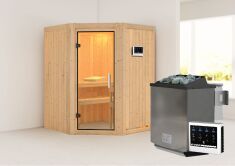 Sauna LARIN (Eckeinstieg) / klarglas Tür / kein Dachkranz / Ofen 9 kW Bio externe Strg easy