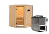 Sauna LARIN (Eckeinstieg) / klarglas Tür / kein Dachkranz / Ofen 9 kW Bio externe Strg easy