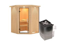 Sauna LARIN (Eckeinstieg) / klarglas Tür / inkl. Dachkranz / Ofen 9 kW integr. Strg