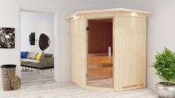 Sauna LARIN (Eckeinstieg) / klarglas Tür / inkl. Dachkranz / Ofen 9 KW externe Strg easy