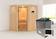 Sauna LARIN (Eckeinstieg) / klarglas Tür / inkl. Dachkranz / Ofen 9 KW externe Strg easy