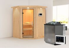Sauna LARIN (Eckeinstieg) / klarglas Tür / inkl. Dachkranz / Ofen 9 kW Bio externe Strg easy