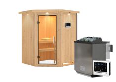Sauna LARIN (Eckeinstieg) / klarglas Tür / inkl. Dachkranz / Ofen 9 kW Bio externe Strg easy