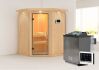 Sauna LARIN (Eckeinstieg) / klarglas Tür / inkl. Dachkranz / Ofen 9 kW Bio externe Strg easy