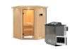 Sauna LARIN (Eckeinstieg) / klarglas Tür / inkl. Dachkranz / Ofen 9 kW Bio externe Strg easy