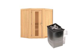 Sauna TAURIN (Eckeinstieg) / Holztür / kein Dachkranz / Ofen 9 kW integr. Strg