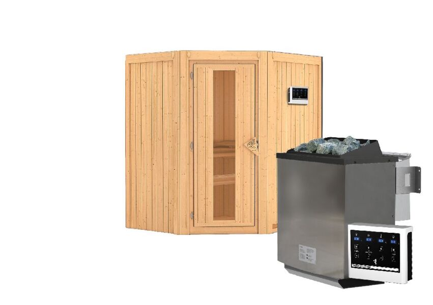 Sauna TAURIN (Eckeinstieg) / Holztür / kein Dachkranz / Ofen 9 kW Bio externe Strg easy