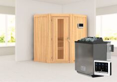 Sauna TAURIN (Eckeinstieg) / Holztür / kein Dachkranz / Ofen 9 kW Bio externe Strg easy
