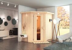 Sauna TAURIN (Eckeinstieg) / Holztür / inkl. Dachkranz / Ofen 9 kW Bio externe Strg easy