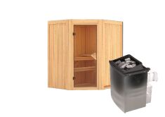 Sauna TAURIN (Eckeinstieg) / bronzierte Tür / kein Dachkranz / Ofen 9 kW integr. Strg