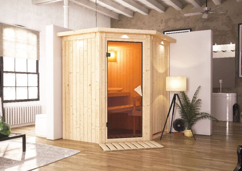 Sauna TAURIN (Eckeinstieg) / bronzierte Tür / inkl. Dachkranz / ohne Ofen