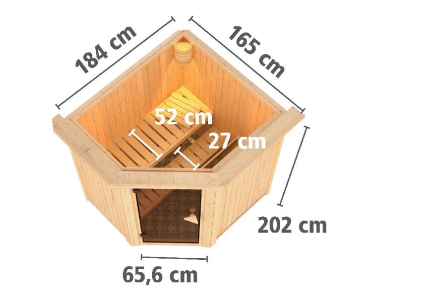 Sauna TAURIN (Eckeinstieg) / bronzierte Tür / inkl. Dachkranz / Ofen 9 kW integr. Strg