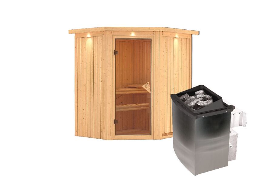 Sauna TAURIN (Eckeinstieg) / bronzierte Tür / inkl. Dachkranz / Ofen 9 kW integr. Strg