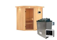 Sauna TAURIN (Eckeinstieg) / bronzierte Tür / inkl. Dachkranz / Ofen 9 KW externe Strg easy