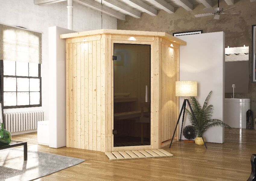 Sauna TAURIN (Eckeinstieg) / graphit Tür / inkl. Dachkranz / ohne Ofen
