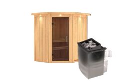 Sauna TAURIN (Eckeinstieg) / graphit Tür / inkl. Dachkranz / Ofen 9 kW integr. Strg