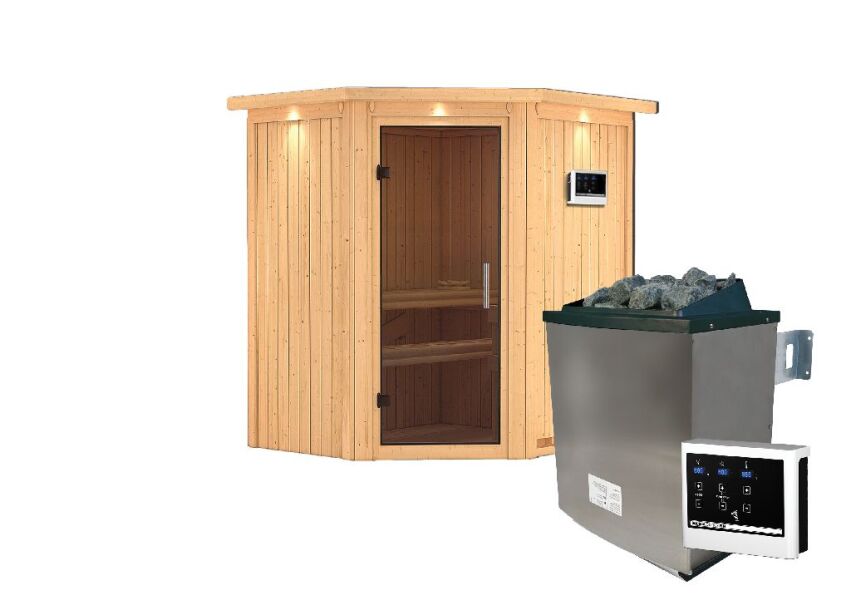 Sauna TAURIN (Eckeinstieg) / graphit Tür / inkl. Dachkranz / Ofen 9 KW externe Strg easy