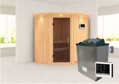 Sauna TAURIN (Eckeinstieg) / graphit Tür / inkl. Dachkranz / Ofen 9 KW externe Strg easy