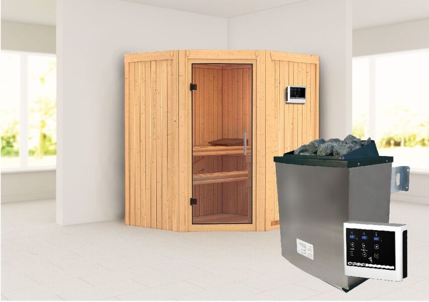 Sauna TAURIN (Eckeinstieg) / klarglas Tür / kein Dachkranz / Ofen 9 KW externe Strg easy