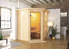 Sauna TAURIN (Eckeinstieg) / klarglas Tür / inkl. Dachkranz / ohne Ofen