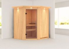 Sauna TAURIN (Eckeinstieg) / klarglas Tür / inkl. Dachkranz / ohne Ofen