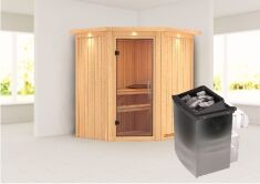 Sauna TAURIN (Eckeinstieg) / klarglas Tür / inkl. Dachkranz / Ofen 9 kW integr. Strg