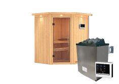 Sauna TAURIN (Eckeinstieg) / klarglas Tür / inkl. Dachkranz / Ofen 9 KW externe Strg easy