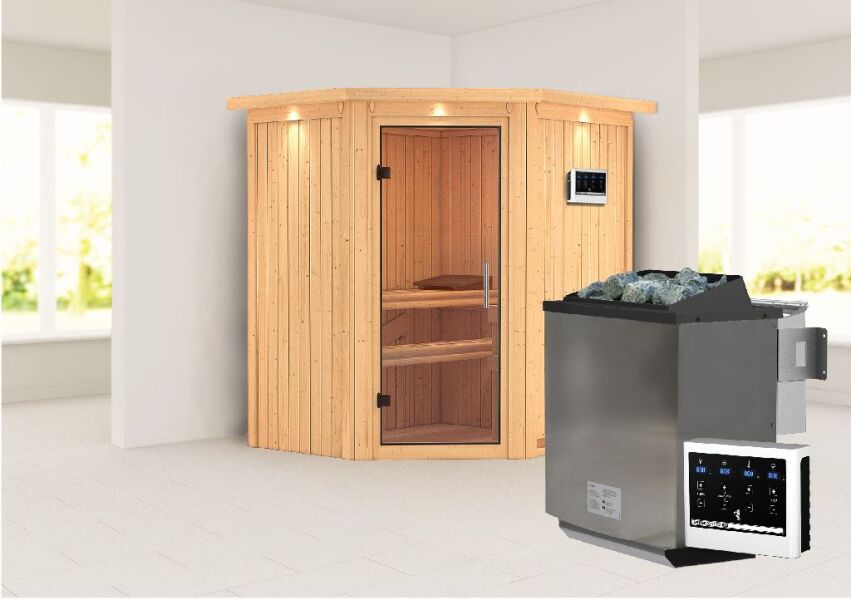 Sauna TAURIN (Eckeinstieg) / klarglas Tür / inkl. Dachkranz / Ofen 9 kW Bio externe Strg easy