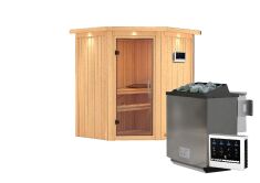 Sauna TAURIN (Eckeinstieg) / klarglas Tür / inkl. Dachkranz / Ofen 9 kW Bio externe Strg easy