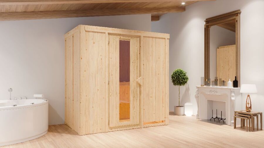 Sauna VARIADO (Fronteinstieg) / Holztür / kein Dachkranz / Ofen 9 kW Biokombi  externe Strg easy