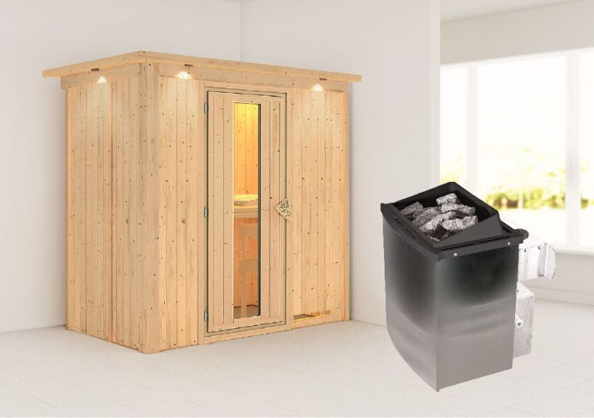 Sauna VARIADO (Fronteinstieg) / Holztür / inkl. Dachkranz / Ofen 9 kW integr. Strg