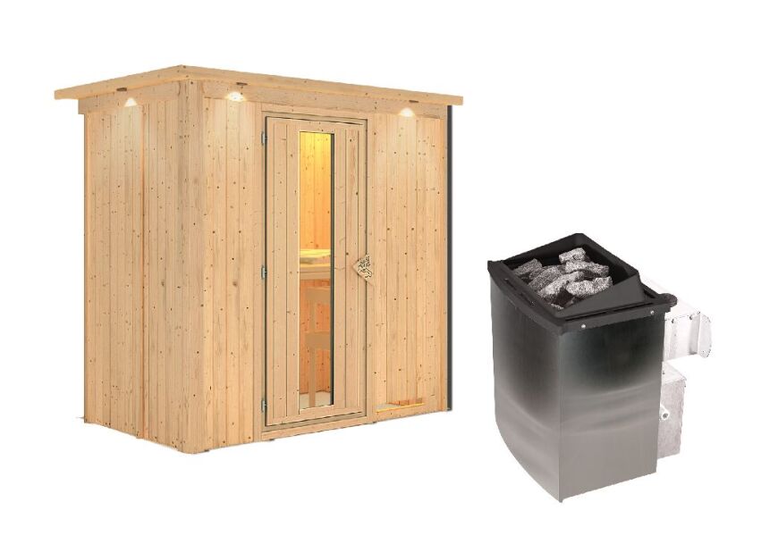 Sauna VARIADO (Fronteinstieg) / Holztür / inkl. Dachkranz / Ofen 9 kW integr. Strg