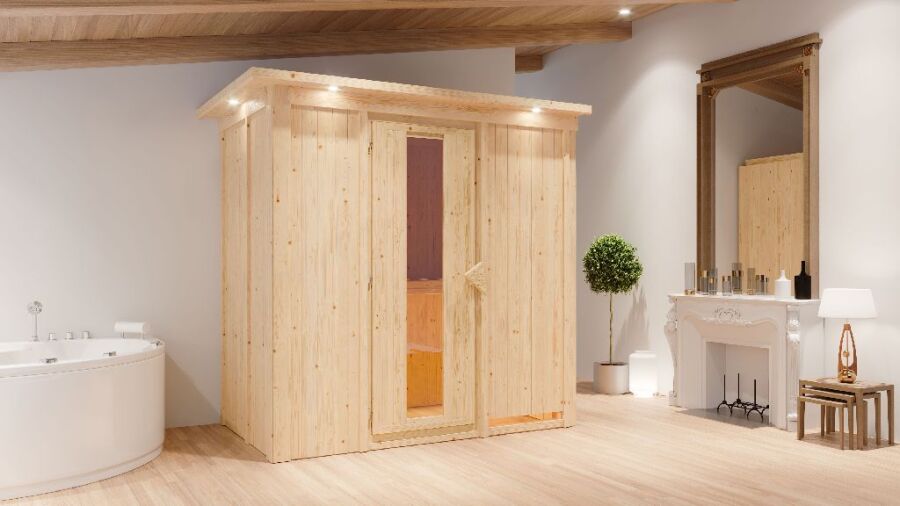 Sauna VARIADO (Fronteinstieg) / Holztür / inkl. Dachkranz / Ofen 9 kW Biokombi  externe Strg easy