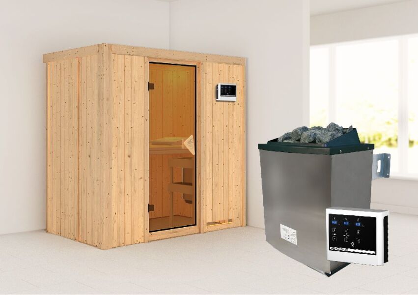 Sauna VARIADO (Fronteinstieg) / bronzierte Tür / kein Dachkranz / Ofen 9 kW externe Strg easy