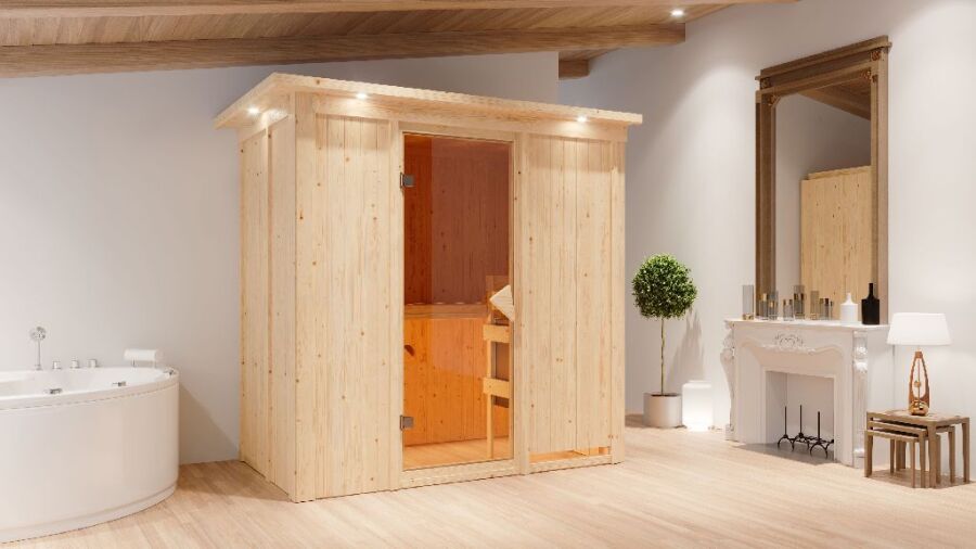 Sauna VARIADO (Fronteinstieg) / bronzierte Tür / inkl. Dachkranz / Ofen 9 kW Biokombi  externe Strg easy