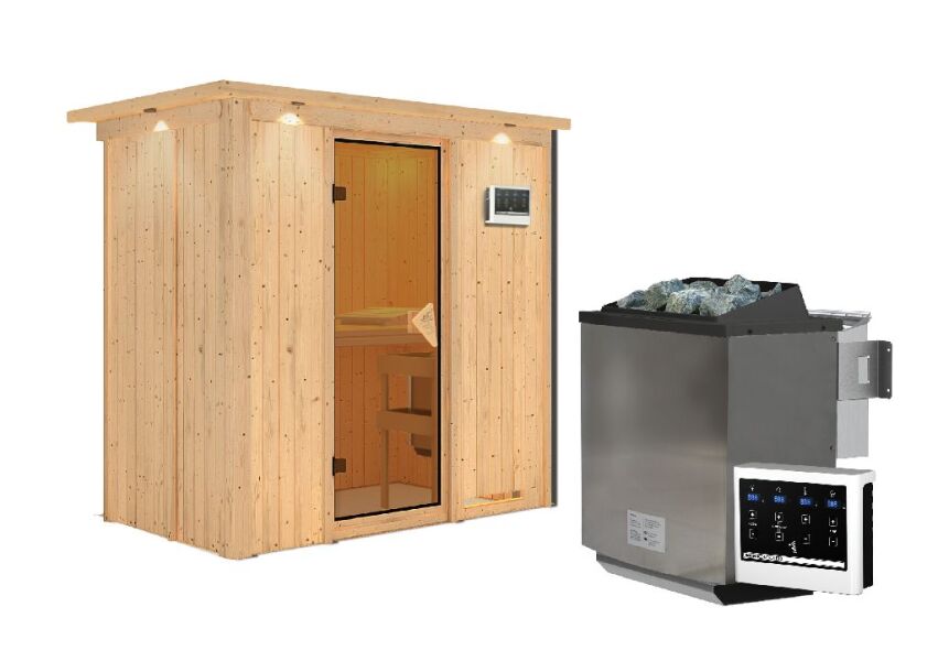 Sauna VARIADO (Fronteinstieg) / bronzierte Tür / inkl. Dachkranz / Ofen 9 kW Biokombi  externe Strg easy
