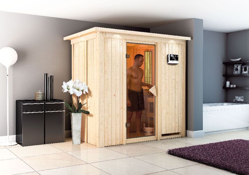 Sauna VARIADO (Fronteinstieg) / bronzierte Tür / inkl. Dachkranz / Ofen 9 kW Biokombi  externe Strg easy
