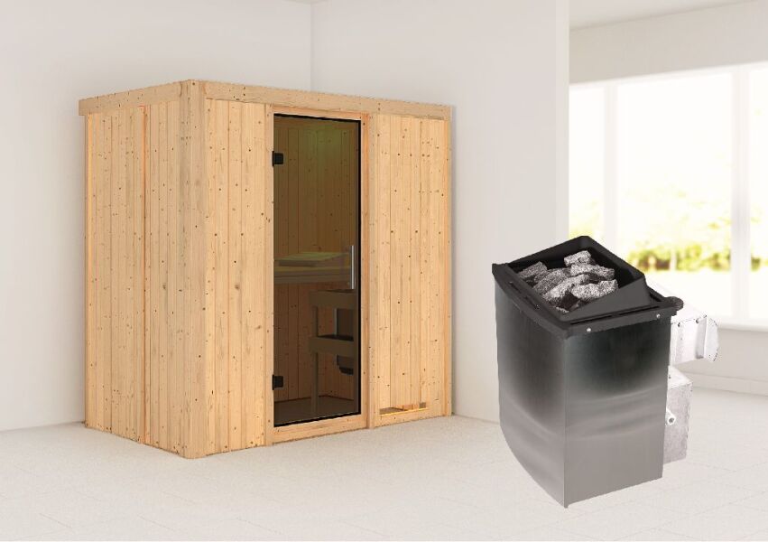 Sauna VARIADO (Fronteinstieg) / graphit Tür / kein Dachkranz / Ofen 9 kW integr. Strg