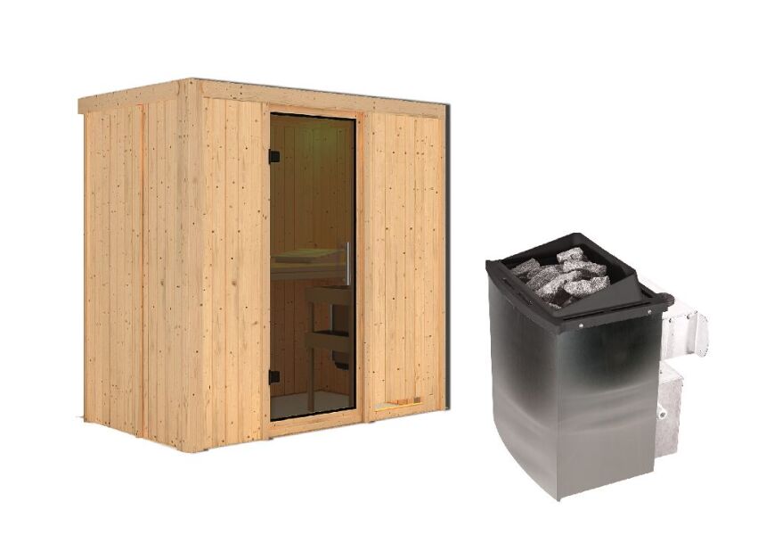 Sauna VARIADO (Fronteinstieg) / graphit Tür / kein Dachkranz / Ofen 9 kW integr. Strg