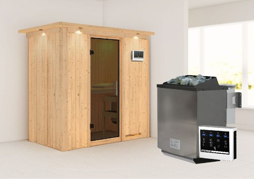 Sauna VARIADO (Fronteinstieg) / graphit Tür / inkl. Dachkranz / Ofen 9 kW Biokombi  externe Strg easy