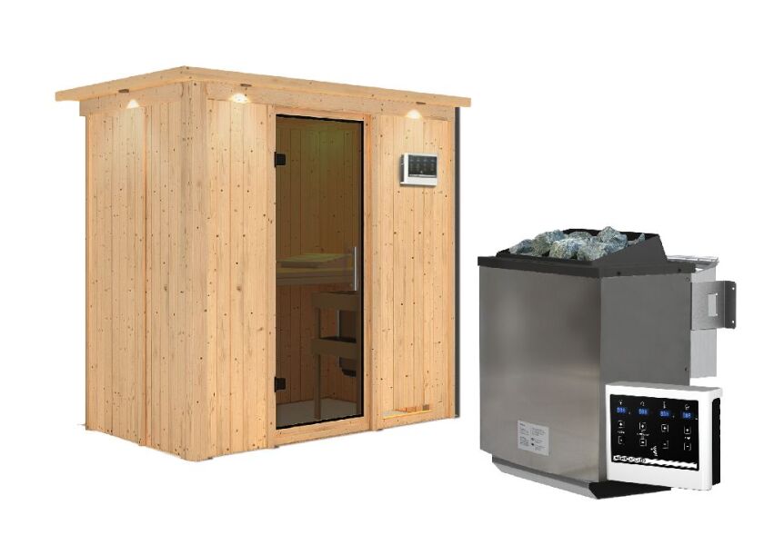 Sauna VARIADO (Fronteinstieg) / graphit Tür / inkl. Dachkranz / Ofen 9 kW Biokombi  externe Strg easy