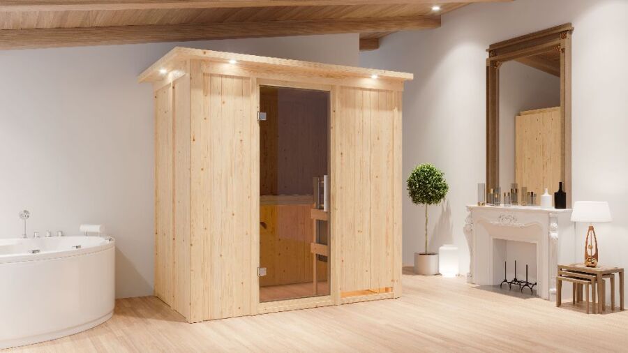 Sauna VARIADO (Fronteinstieg) / graphit Tür / inkl. Dachkranz / Ofen 9 kW Biokombi  externe Strg easy