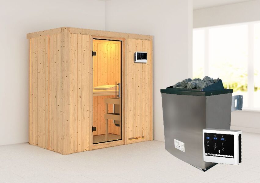 Sauna VARIADO (Fronteinstieg) / klarglas Tür / kein Dachkranz / Ofen 9 kW externe Strg easy