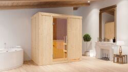 Sauna VARIADO (Fronteinstieg) / klarglas Tür / kein Dachkranz / Ofen 9 kW Biokombi  externe Strg easy