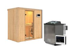 Sauna VARIADO (Fronteinstieg) / klarglas Tür / kein Dachkranz / Ofen 9 kW Biokombi  externe Strg easy