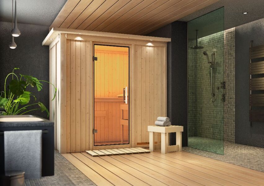 Sauna VARIADO (Fronteinstieg) / klarglas Tür / inkl. Dachkranz / ohne Ofen