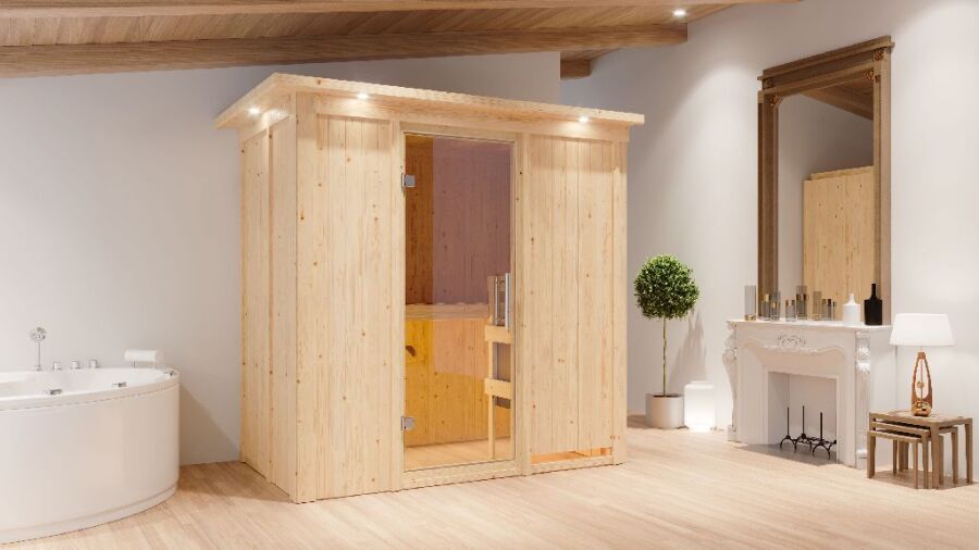 Sauna VARIADO (Fronteinstieg) / klarglas Tür / inkl. Dachkranz / Ofen 9 kW integr. Strg