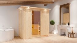 Sauna VARIADO (Fronteinstieg) / klarglas Tür / inkl. Dachkranz / Ofen 9 kW integr. Strg